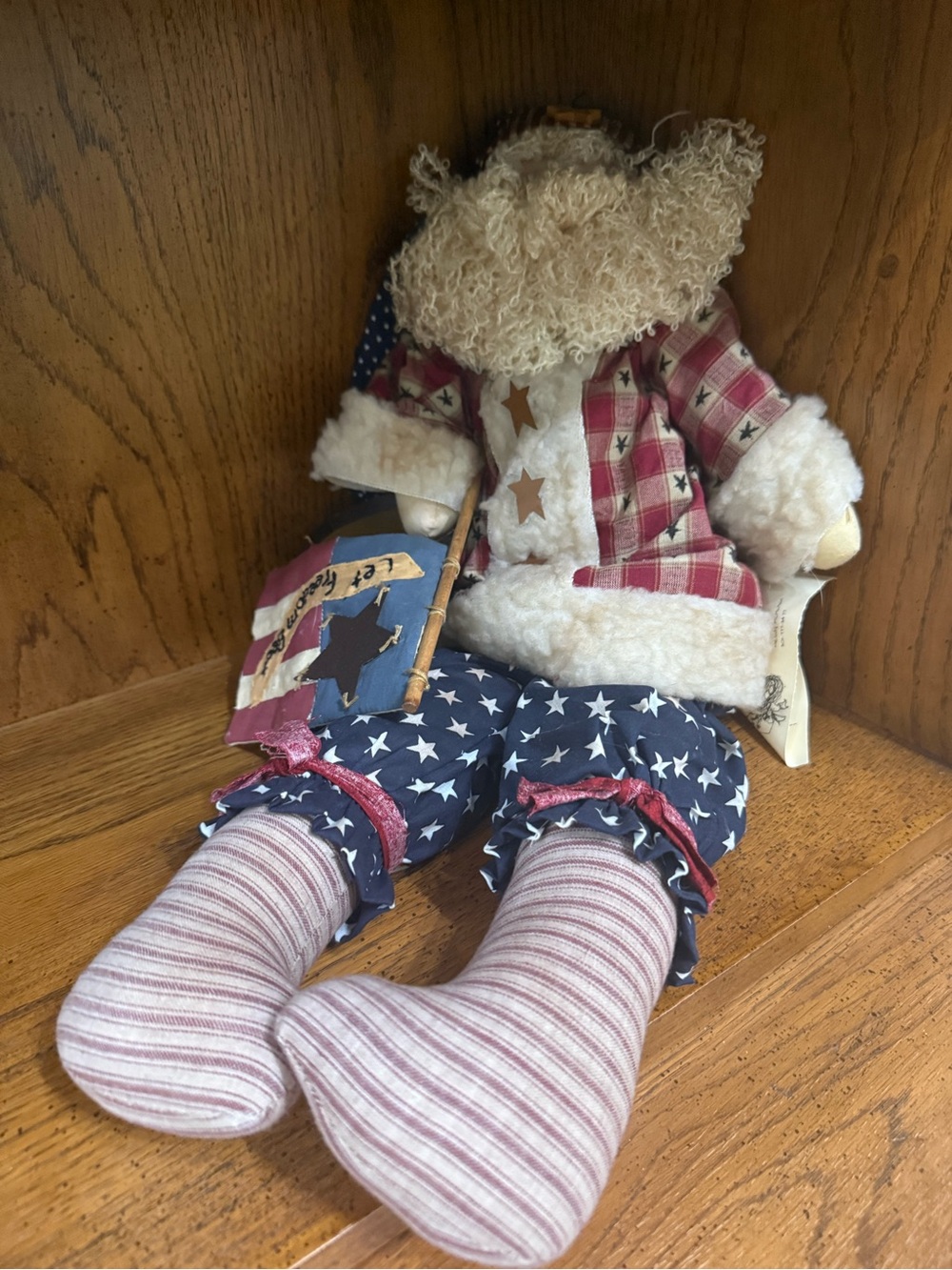 Patriotic Plush Santa Doll with Curly Cream Beard